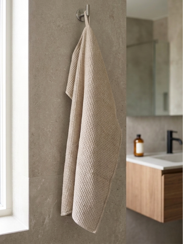 Vaffelhåndkle i 100 % lin naturfarge hengende på krok i baderom