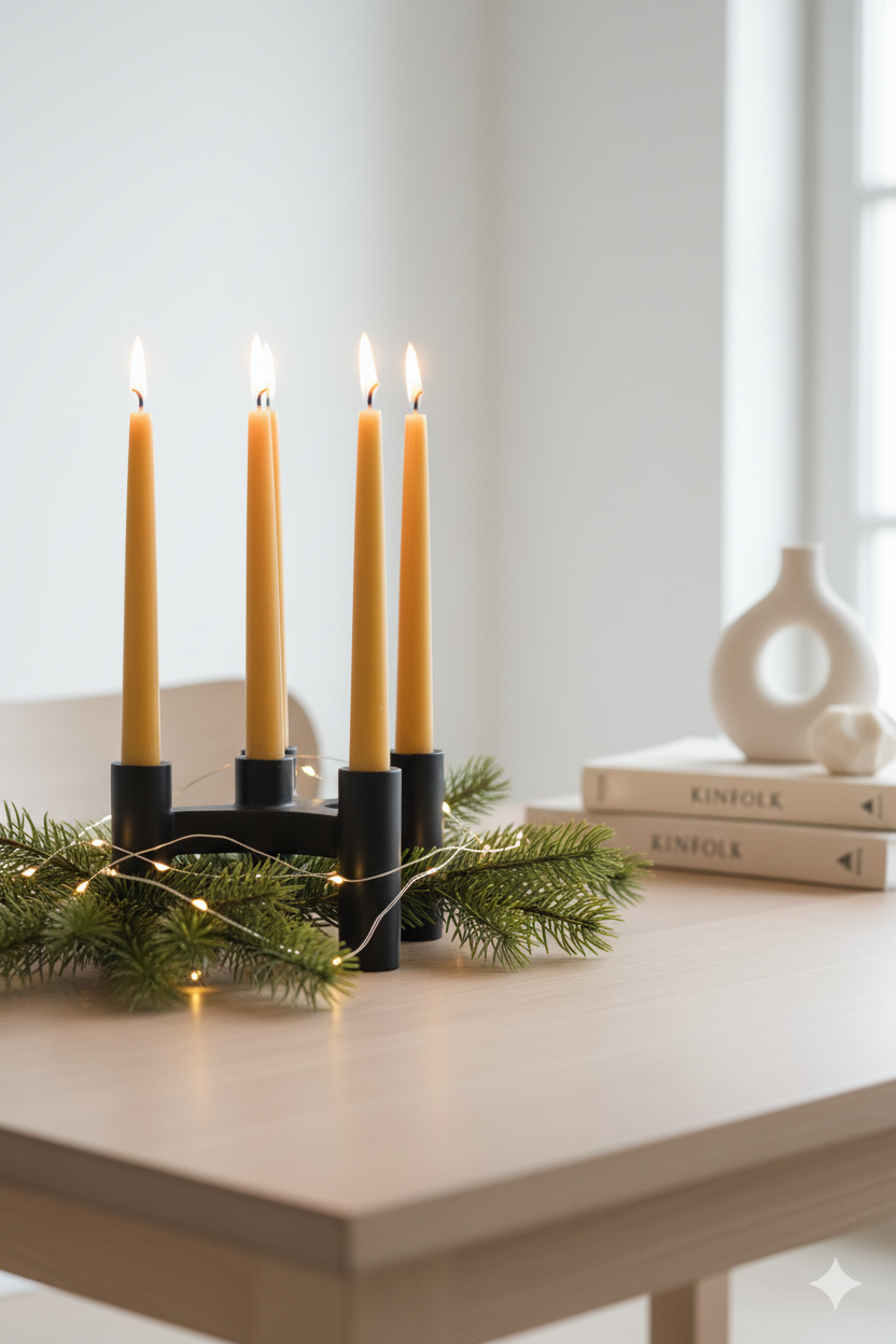 Nordisk borddekking med håndlagde bivokslys og keramikkdekor