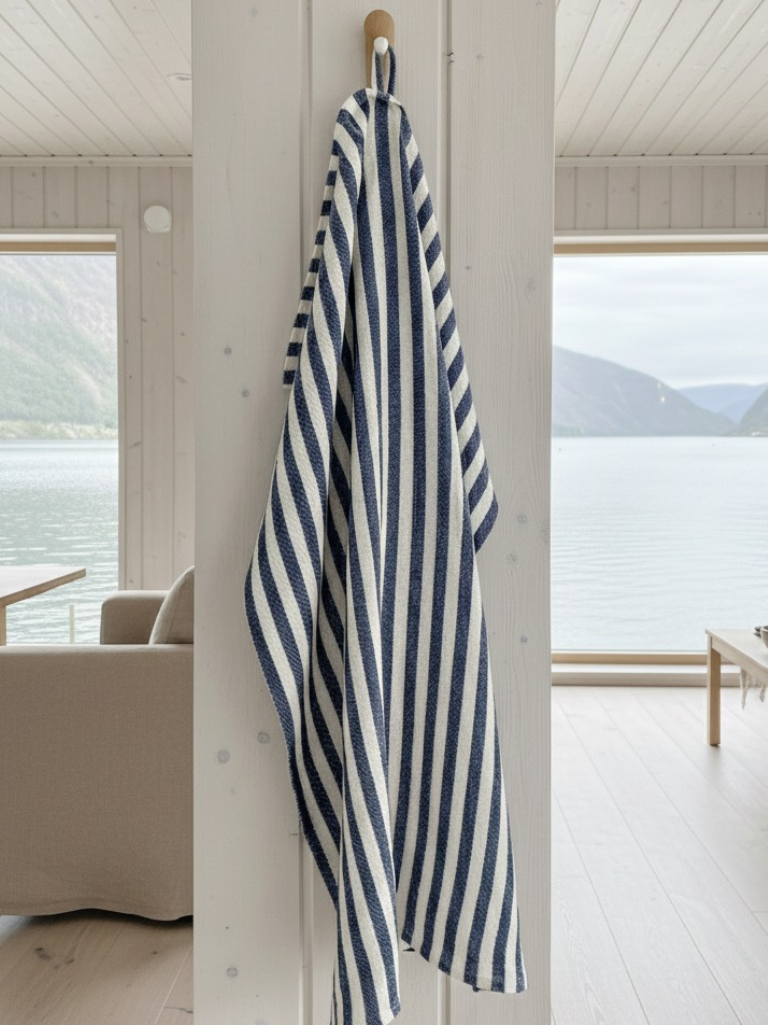 Hvitt kjøkkenhåndkle med blå striper