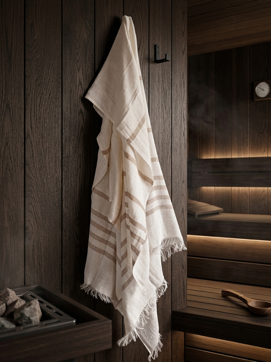 Hamamhåndkle i 100 % lin hvit med striper hengende i badstue