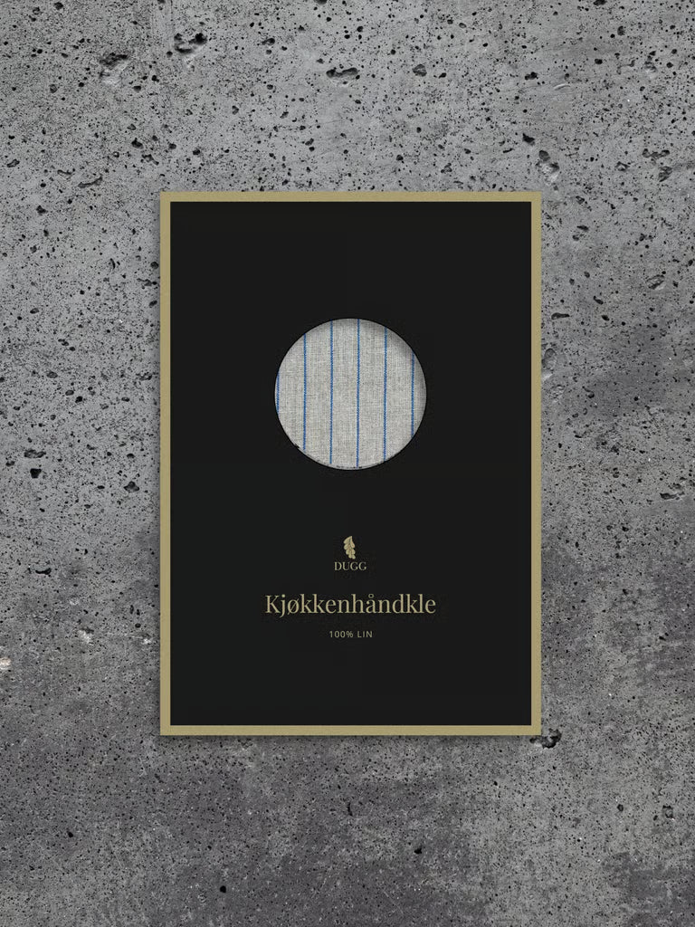 DuggCandles kjøkkenhåndkle i 100 % lin med brede blå striper, premium gaveinnpakning.