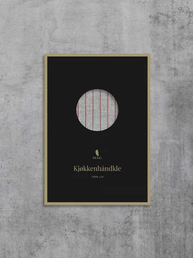 DuggCandles kjøkkenhåndkle i lin med brede røde striper i premium emballasje.