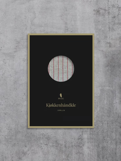 DuggCandles kjøkkenhåndkle i lin med brede røde striper i premium emballasje.