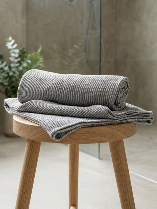 Vaffelhåndkle i 100 % lin grå farge lagt på stol i baderom
